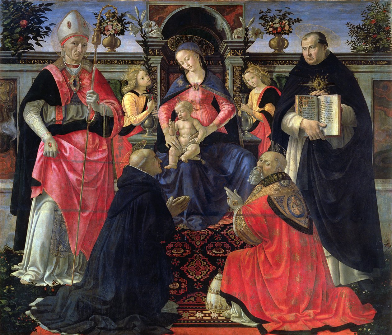 Madonna och barn tronade med SS. Dionysius, Aeropagita, Domenic, Clement och Thomas Aquinas, 1483 av Domenico Ghirlandaio