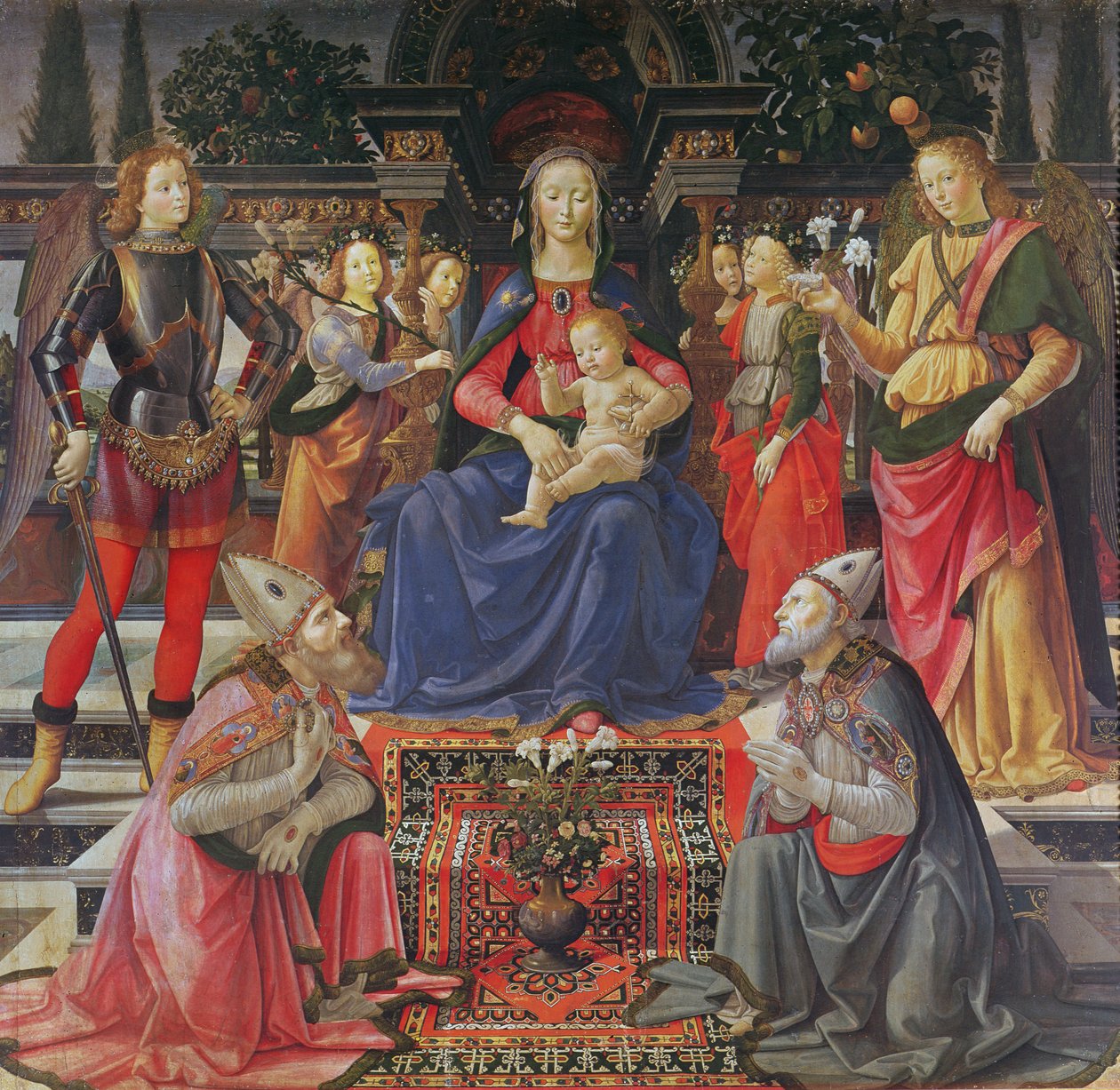 Madonna och barn med SS. Justus, Zenobius och ärkeänglarna Mikael och Rafael, ca 1484 (tempera på panel) av Domenico Ghirlandaio