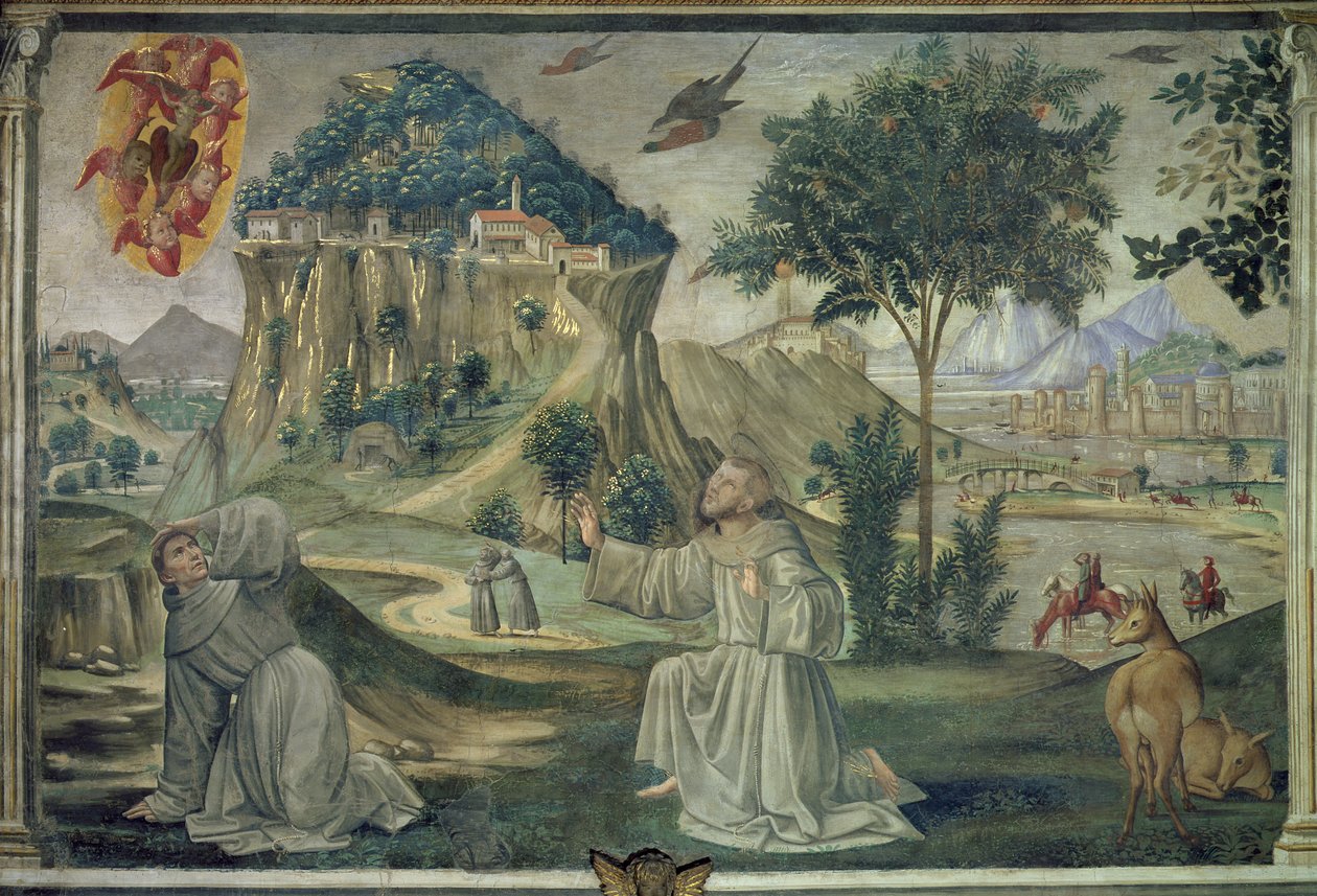 St Francis tar emot stigmata, scen från en cykel av St Francis av Assisis liv, 1486 av Domenico Ghirlandaio
