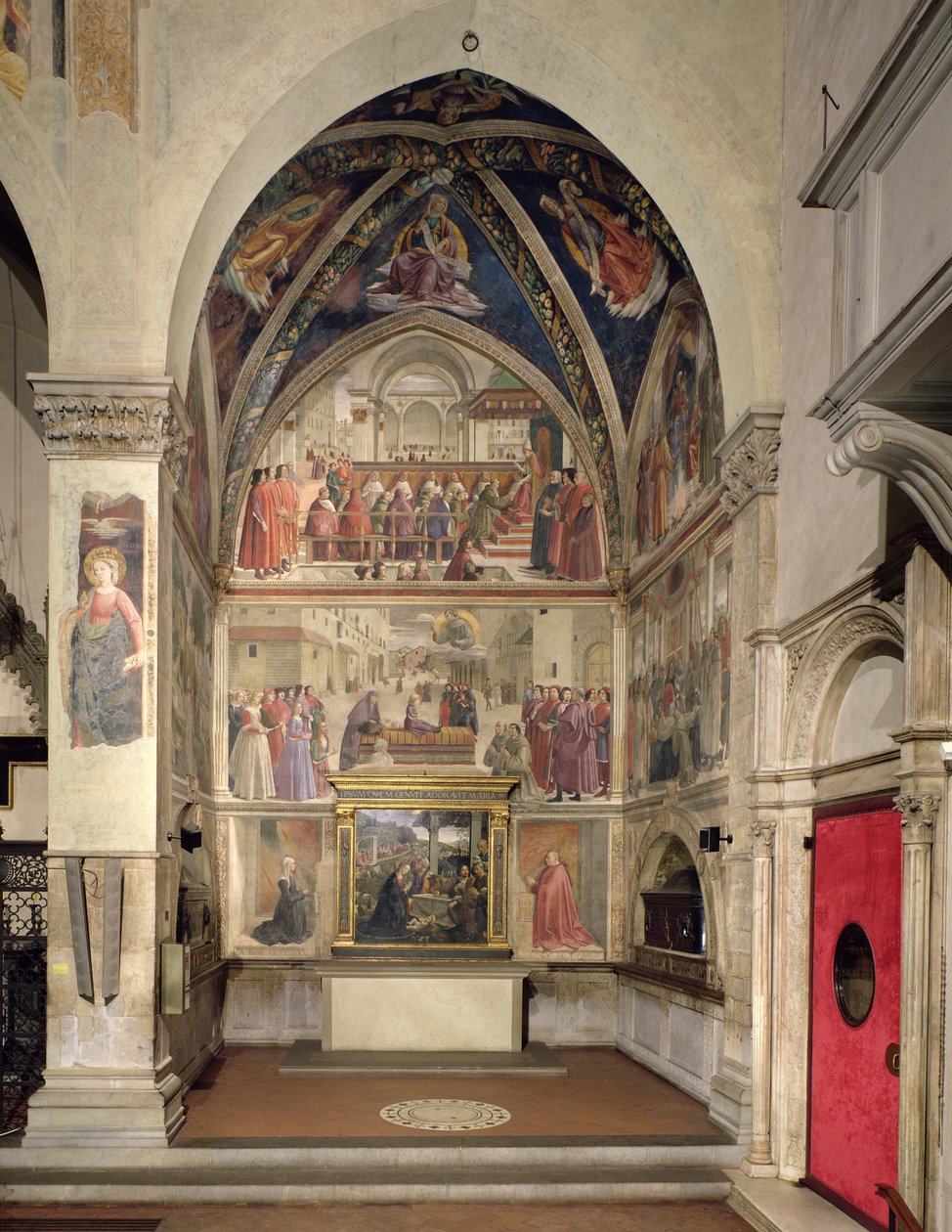 Bekräftelsen av regeln för St. Franciskusorden av påven Honorius III och en pojkes uppståndelse, från St. Franciskus livscykel, 1480-85 (mittvägg) (för detaljer se 52661-6 av Domenico Ghirlandaio