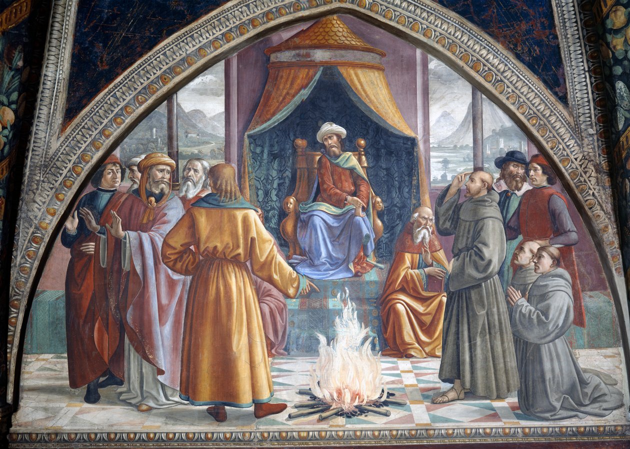 Rättegången genom eld, St Francis inför sultanen av Egypten, scen från en cykel av St Francis av Assisis liv, 1486 av Domenico Ghirlandaio