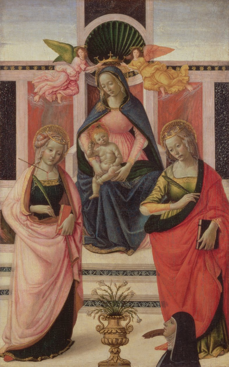 Jungfru och barn tronade med St. Ursula och St. Catherine, 1480-1500 (tempera med oljeglasyr på panel) av Domenico Ghirlandaio