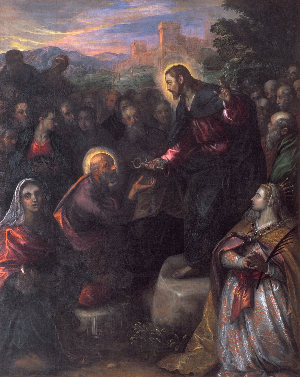 Kristus levererar nycklarna till St. Peter med St. Jacinta och St. Justina av Padua av Domenico Robusti Tintoretto