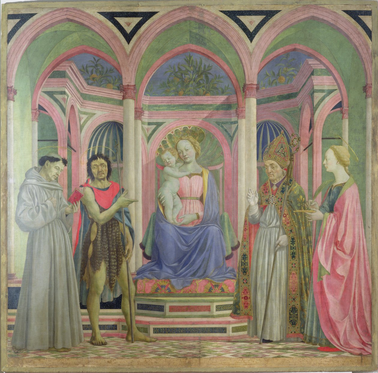 Jungfru och barn flankerad av St Lucy, St Nicholas, St John the Baptist och St Francis, c.1445-47 (tempera på panel) av Domenico Veneziano