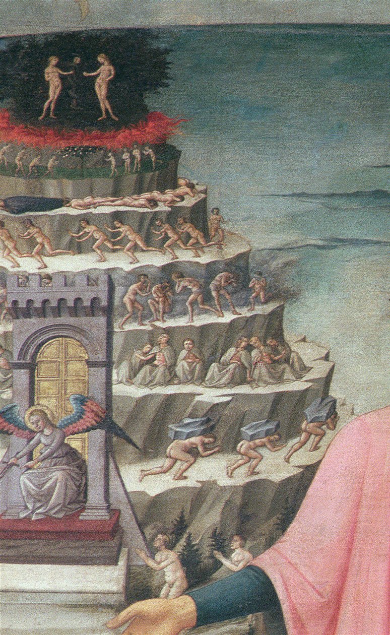 Dante och hans dikt den gudomliga komedin, 1465 tempera på paneldetalj av 42355 av Domenico di Michelino