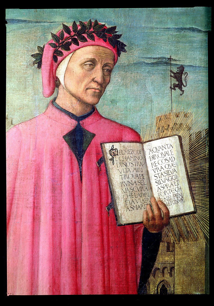 Dante-läsning från den gudomliga komedin, detalj av Dante Alighieri 1265-1321, 1465 paneldetalj av 42355 av Domenico di Michelino