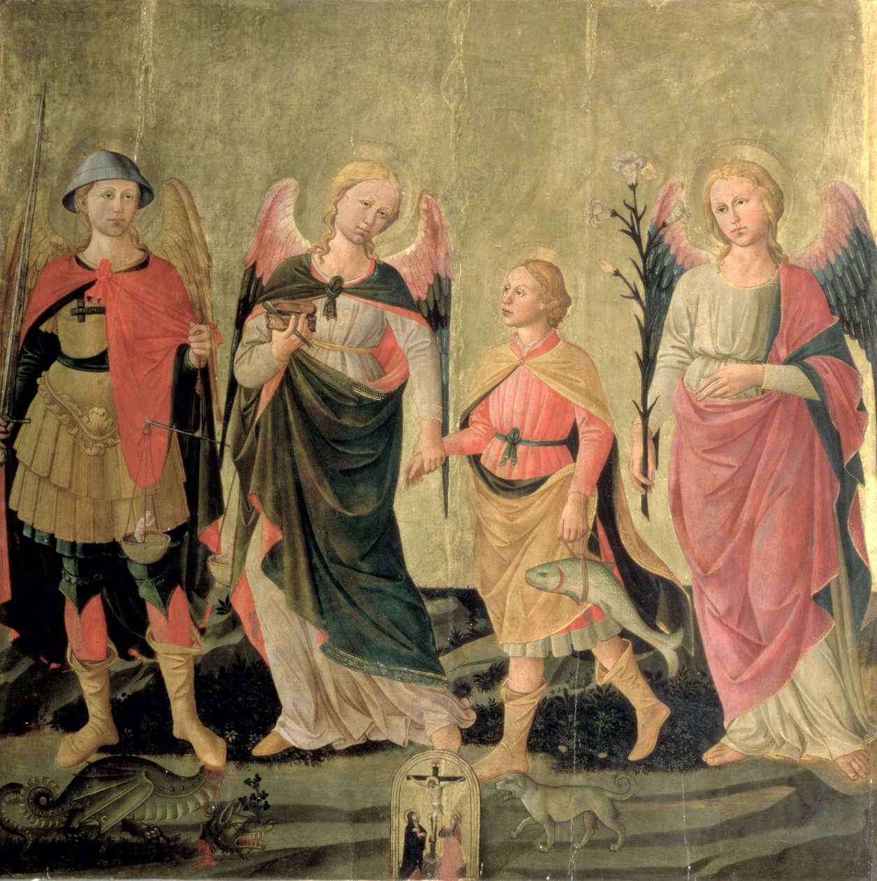 De tre ärkeänglarna och Tobias (tempera på panel) av Domenico di Michelino