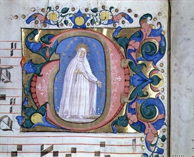 Missal 540 Historikert initial "G" som visar Madonnan av den heliga gördeln (vellum) av Domenico Ghirlandaio