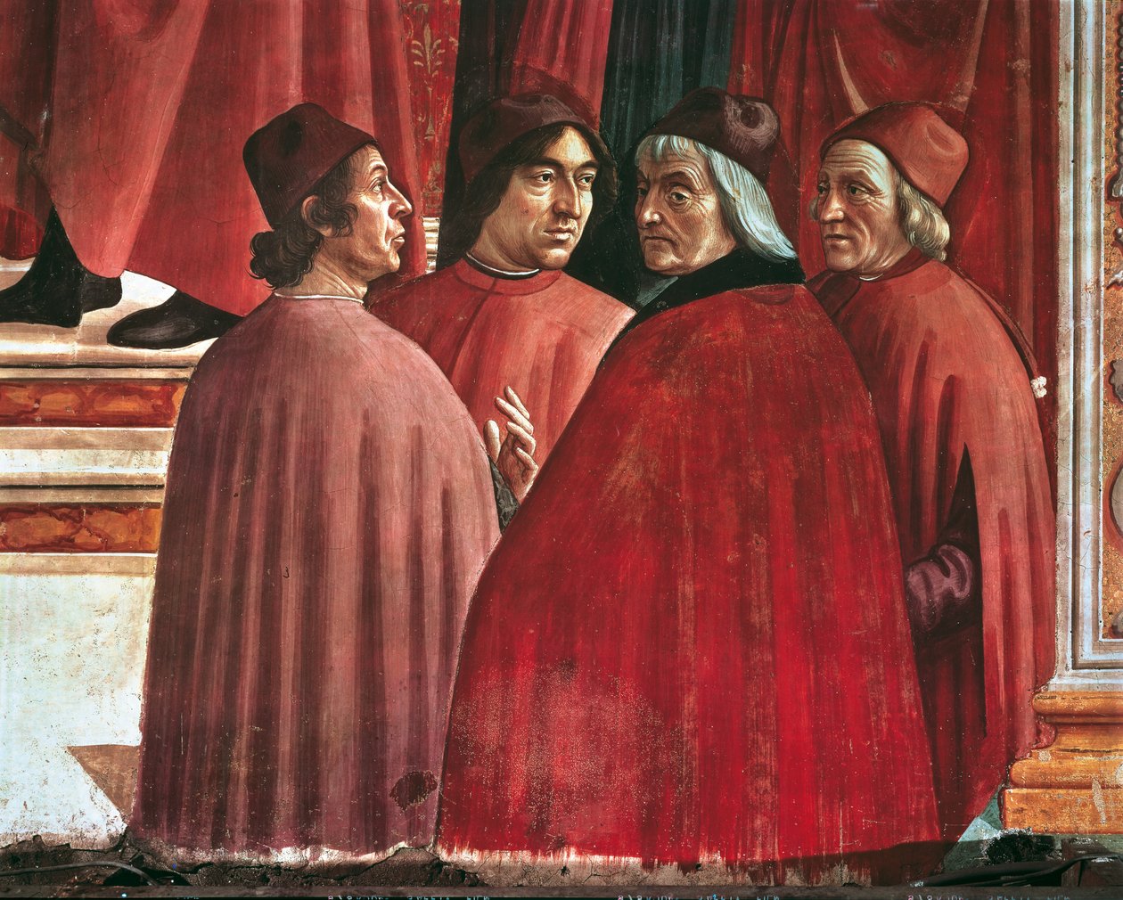 Stories of the Virgin Mary: Annunciation to Zacharias, detalj av Cristoforo Landino, Angelo Poliziano och Marsilio Ficino, c.1485-90 (fresk) av Domenico Ghirlandaio