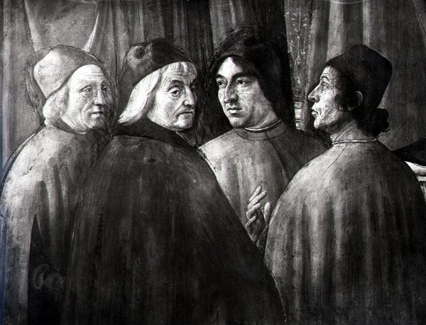 Zakaria katika Hekalu, maelezo ya vikundi vya wanaume av Domenico Ghirlandaio