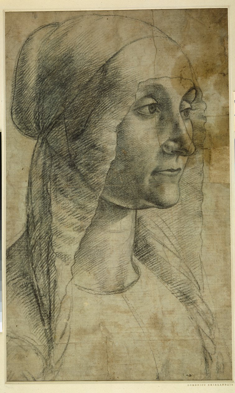 Huvudet på en kvinna som bär en coif (svart krita på vitt papper av Domenico Ghirlandaio