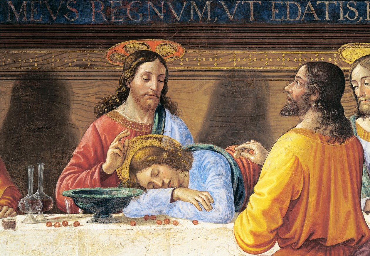 Italien, Florens, Refektoriet i San Marco-klostret, Jesus och St John, detalj från den sista måltiden av Domenico Ghirlandaio