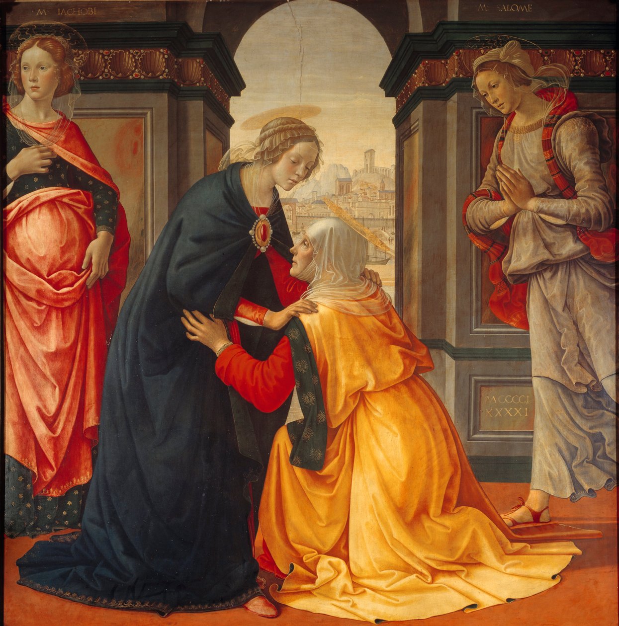 Besök: Jungfru Maria besöker Elisabeth, mellan Marie Jacobie och Marie Salome, vittnen till korsfästelsen och uppståndelsen, målning av Domenico Ghirlandaio (1449-1494) 1491 av Domenico Ghirlandaio