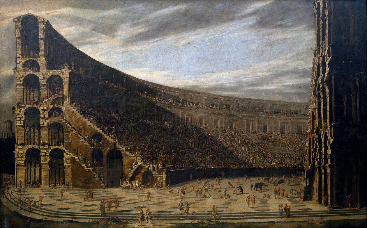 ""Perspective of a Roman amphitheater" (Perspective of a Roman amphitheater) Slagsmål i arenan Målning av Domenico Gargiulo (1609-1675) ca 1638 Dim 220,5x353 cm Museo del Prado, Madrid av Domenico Gargiulo