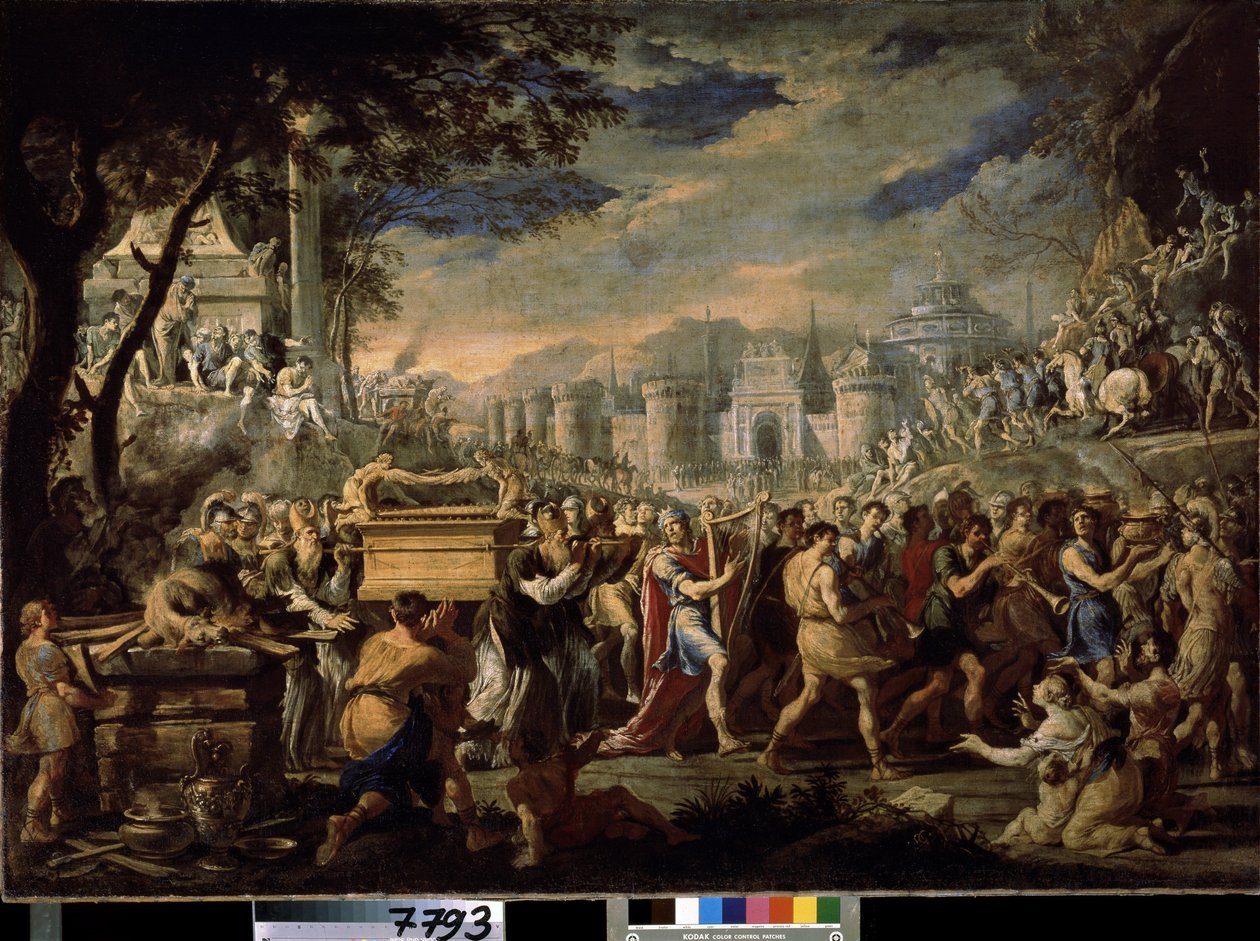 ""David bär förbundsarken in i Jerusalem"" (Kung David bär förbundsarken in i Jerusalem) Transporten av förbundsarkens heliga till Jerusalem, åtföljd av att kung David spelar psalteriet. Målning av Domenico Gargiulo (1609-1675) av Domenico Gargiulo