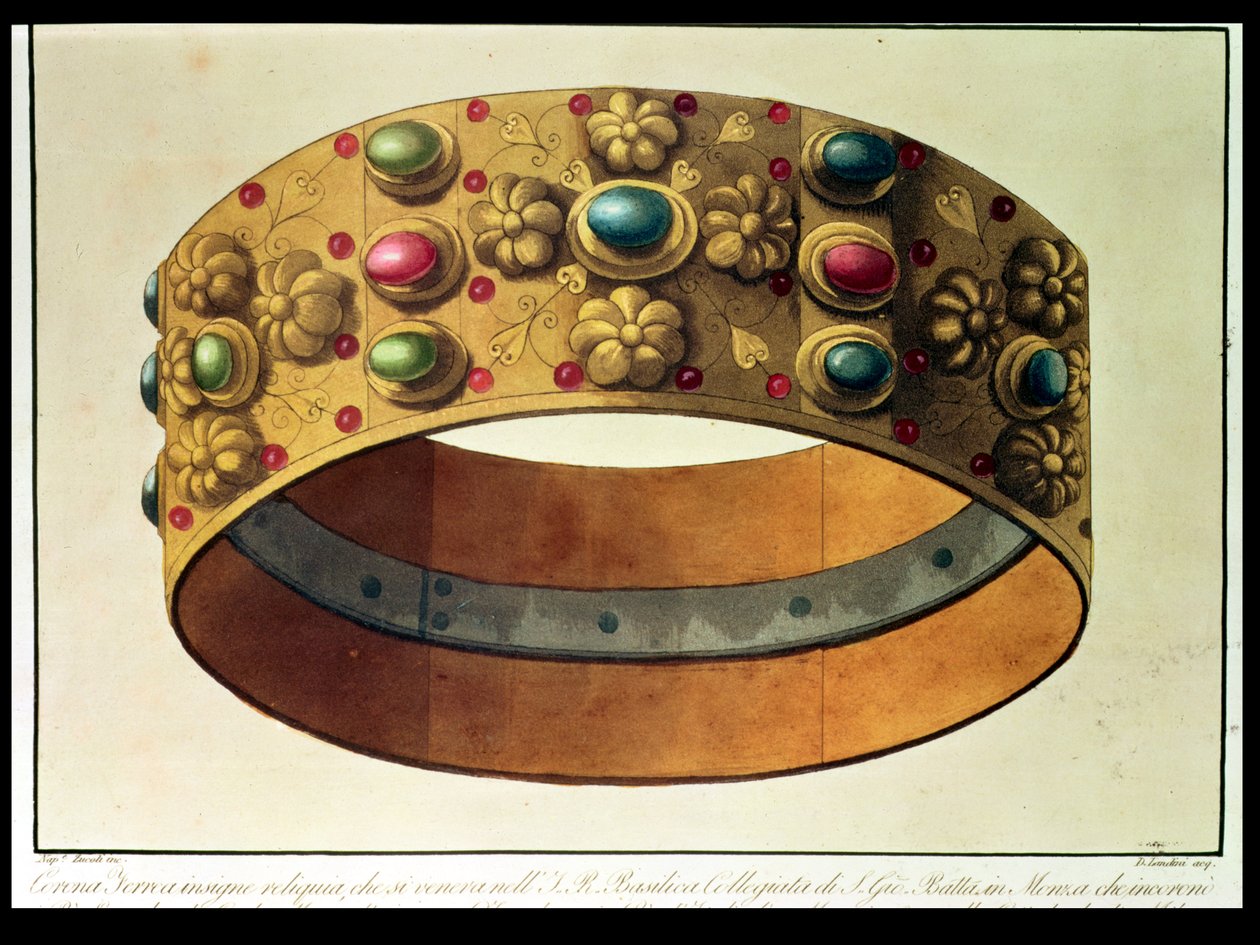 Lombardiets järnkrona som krönte Karl den store 777 och Napoleon 1805 i katedralen i Milano, graverad av D. Landini (akvatint) av Domenico (after) Landini