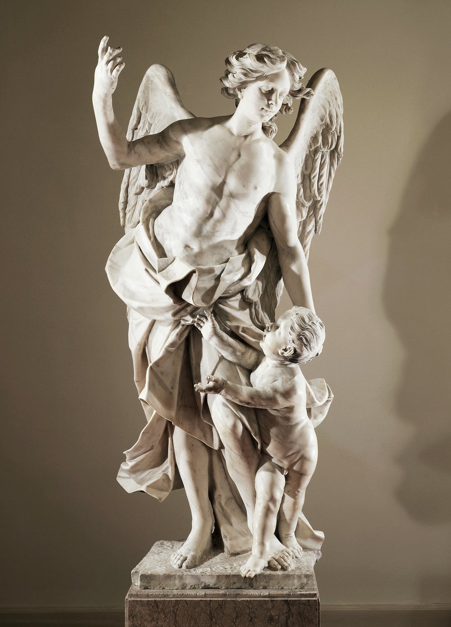 Skyddsängel, ca 1724, av Domenico Antonio Vaccaro (1678-1745), marmorstaty, höjd 190 cm, anti-Sacristy of Basilica of San Paolo Maggiore, Neapel, Kampanien, Italien av Domenico Antonio Vaccaro