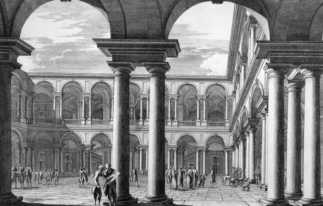 Gården till Brera-palatset i Milano, som inrymmer konstakademin och konstgalleriet, designad av arkitekten Francesco Maria Richini (1584-1658), gravyr av Domenico Aspari (1745-1831), Italien av Domenico Aspari