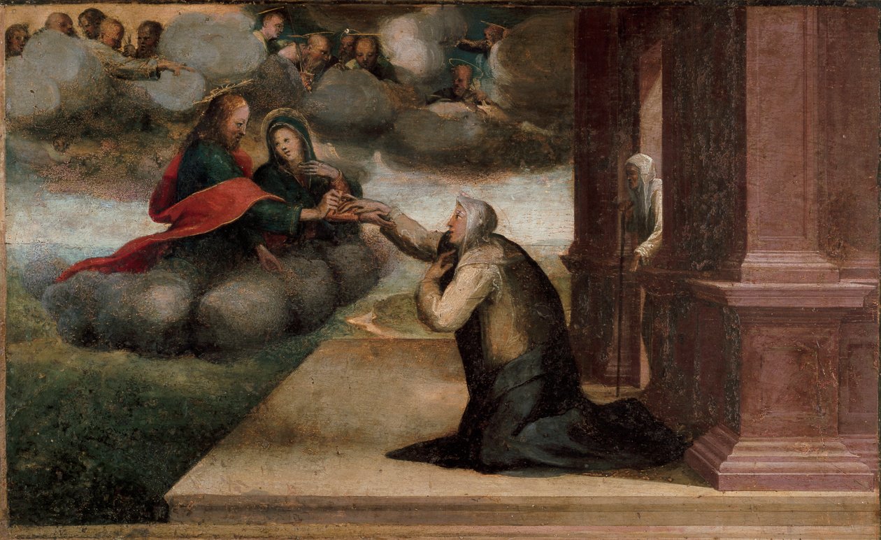 Altartavla av St. Catherines stigmas. Detalj av Predelle: Det mystiska bröllopet av St. Katarina av Siena. Målning av Domenico Beccafumi (1486-1551) av Domenico Beccafumi
