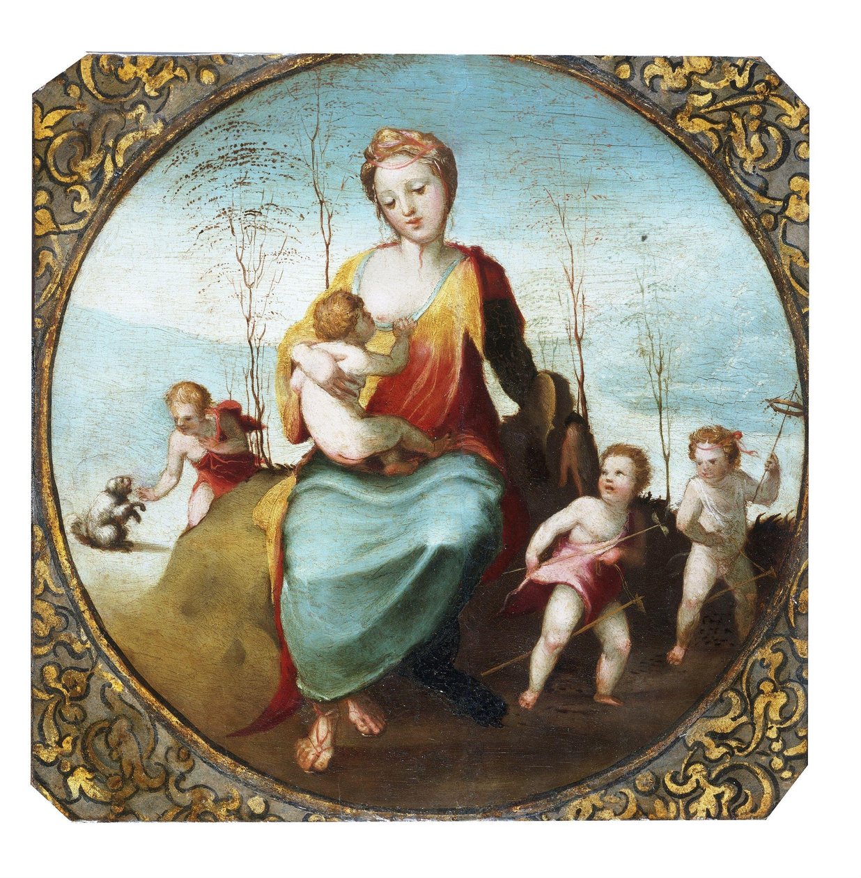 Beccafumi - Välgörenhet som ammar ett barn och omgiven av tre barn som leker med en hund och hobbyhästar, ca 1525 av Domenico Beccafumi