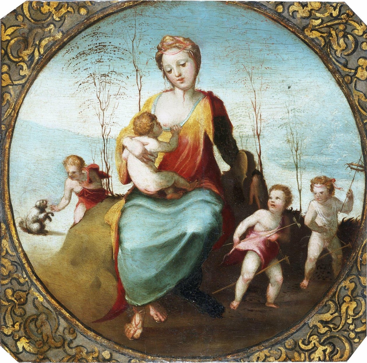 Beccafumi - Välgörenhet som ammar ett barn och omgiven av tre barn som leker med en hund och hobbyhästar, ca 1525 (beskuren) av Domenico Beccafumi