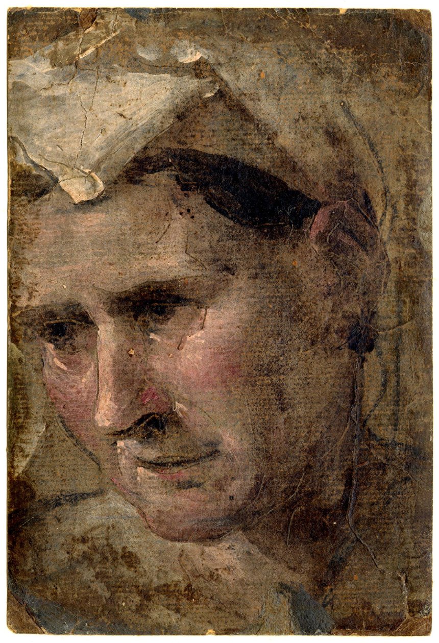 Beccafumi - Huvud av en gammal kvinna som tittar ner till vänster Olja på papper, 1953,1212.4 av Domenico Beccafumi