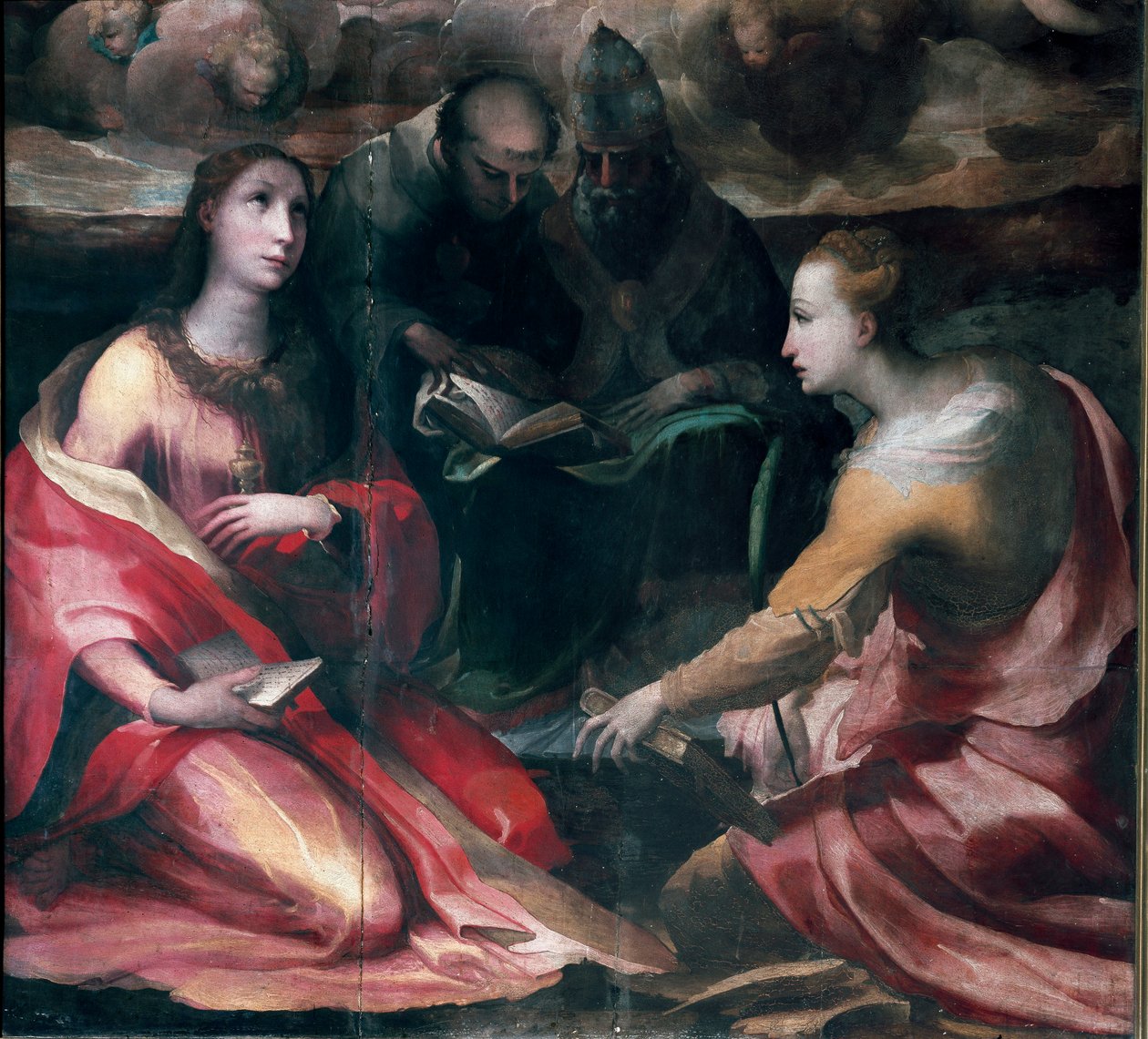 Kristus som kröner Jungfru Maria och fyra heliga, detalj: Sankta Maria Magdalena, Sankt Antonius av Padua (san antonio di padova), påven Sankt Gregoire I eller den store och heliga Katarina av Alexandria. Målning av Domenico Beccafumi (1486-1551) av Domenico Beccafumi