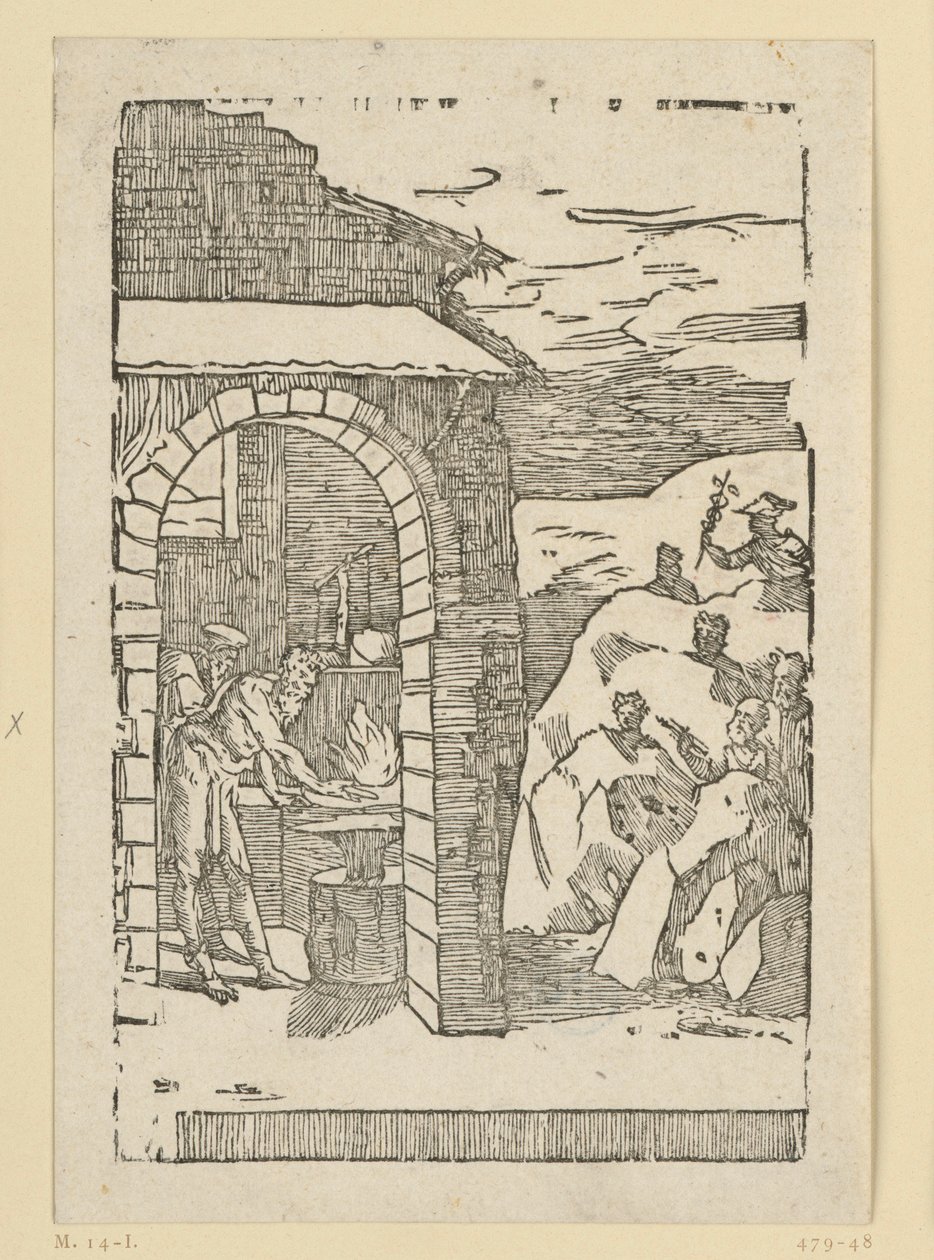 Metallernas kall. Hefaistos (Vulkan) och en lärd står vid elden i en smedja, medan gudarna (som representanter för metallerna) gömmer sig ute i klipporna: Saturnus (bly), Jupiter (tenn), Venus (koppar), Luna (silver), Merkurius (kvicksilver) av Domenico Beccafumi