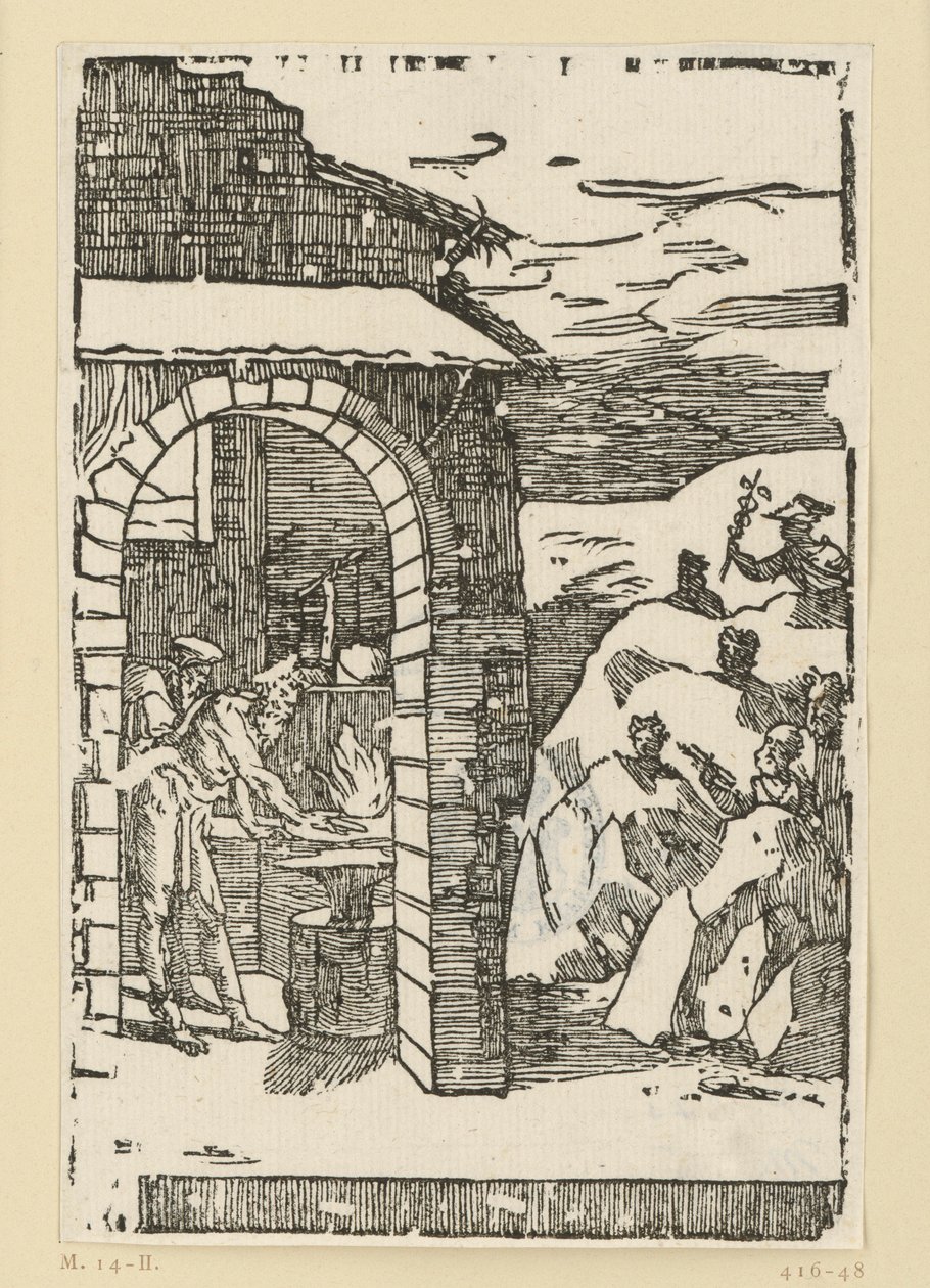 Metallernas kall. Hefaistos (Vulkan) och en lärd står vid elden i en smedja, medan gudarna (som representanter för metallerna) gömmer sig ute i klipporna: Saturnus (bly), Jupiter (tenn), Venus (koppar), Luna (silver), Merkurius (kvicksilver) av Domenico Beccafumi
