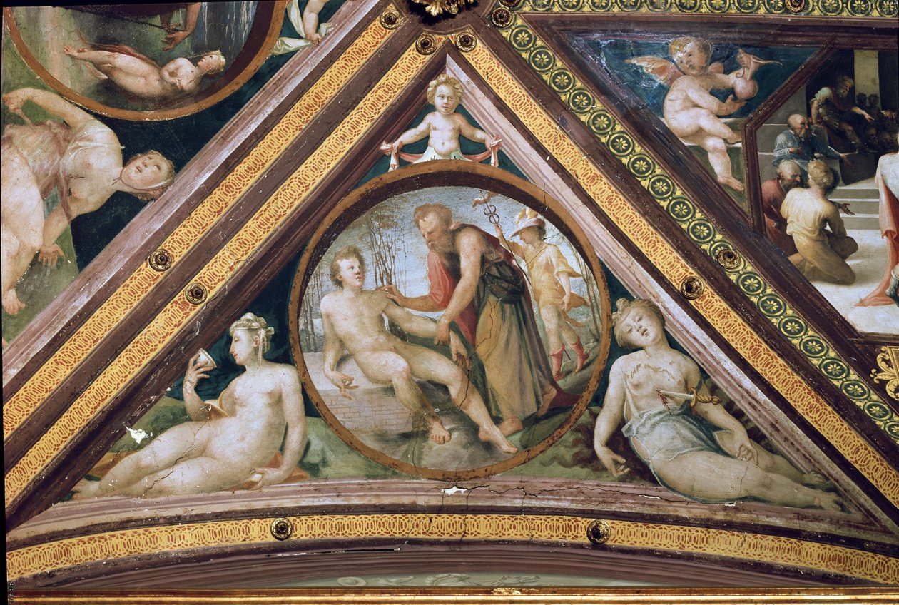 Promethee skapar människan under Merkurius blick som håller en lövfällande och bär en hjälm och sandaler vingar Fresco av Domenico Beccafumi (1486-1551) av Domenico Beccafumi