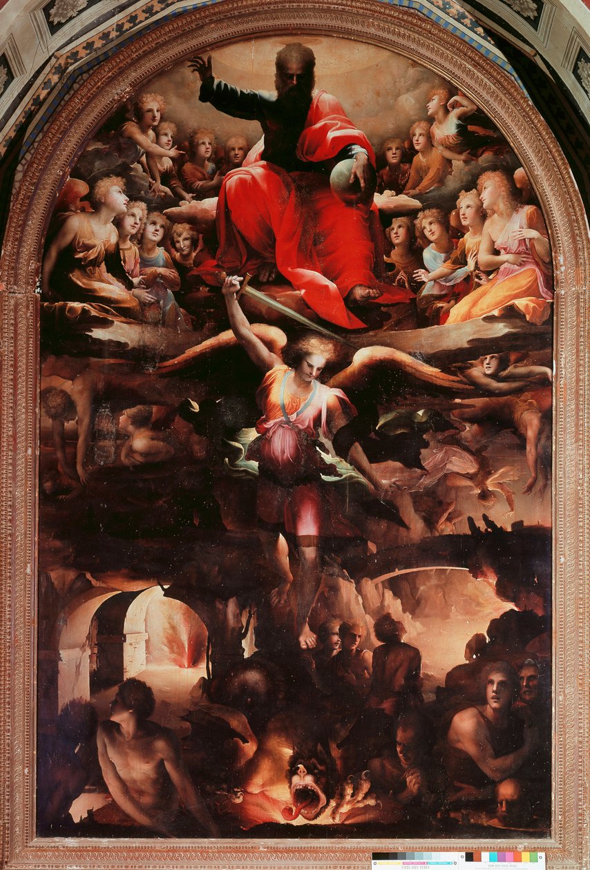Saint Michael Chasing Rebel Angels Målning av Domenico Beccafumi (1486-1551) 1526-1530 ca. Sol. 348x225 cm. Siena, Chiesa di San Niccolo al Carmine av Domenico Beccafumi