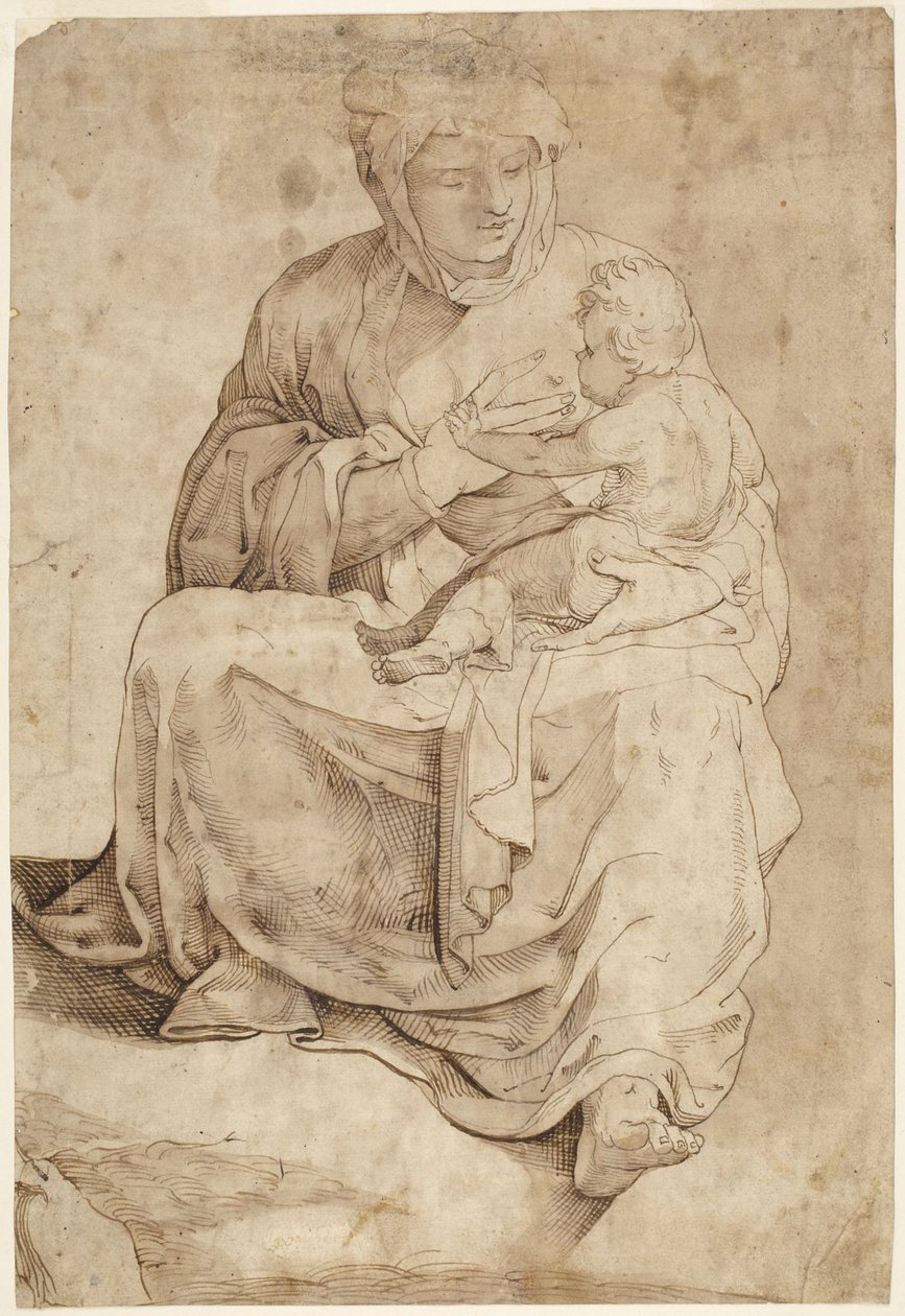 Sittande madonna som ammar barnet, från en inläggningspanel i golvet i Sienas domkyrka av Domenico Beccafumi