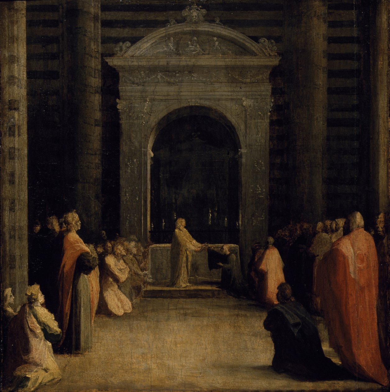 Erbjudandet av Sienas nycklar till Jungfrun, på eller efter 1526 (olja på papper på träpanel) av Domenico Beccafumi