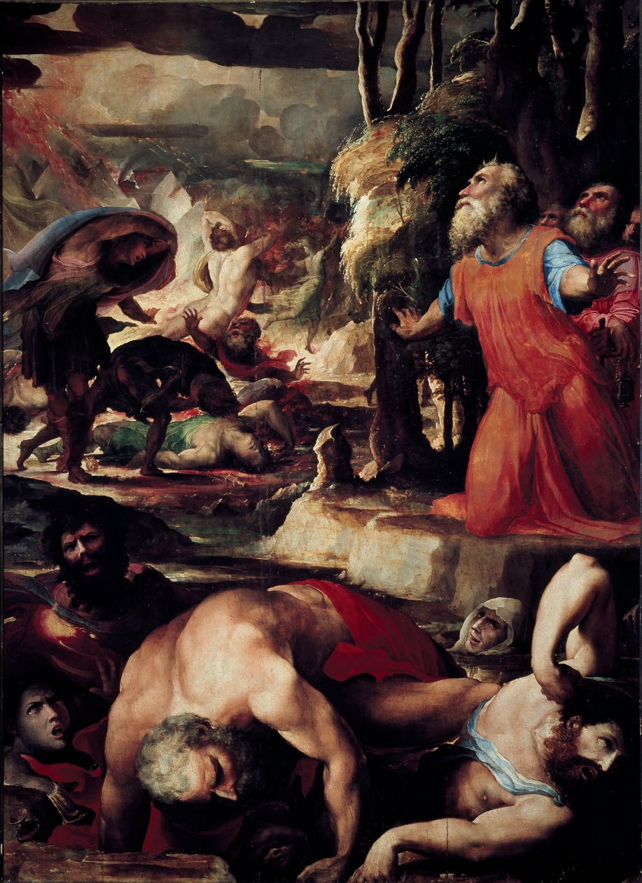 The Punishment of Core (Kore), Dathan (Datan, Nathan) och Aboron (Abiram) (The Punishment of Celestial Fire, avsnitt av leviternas uppror mot Moses och lagens auktoritet). Målning av Domenico Beccafumi (1486-1551) av Domenico Beccafumi