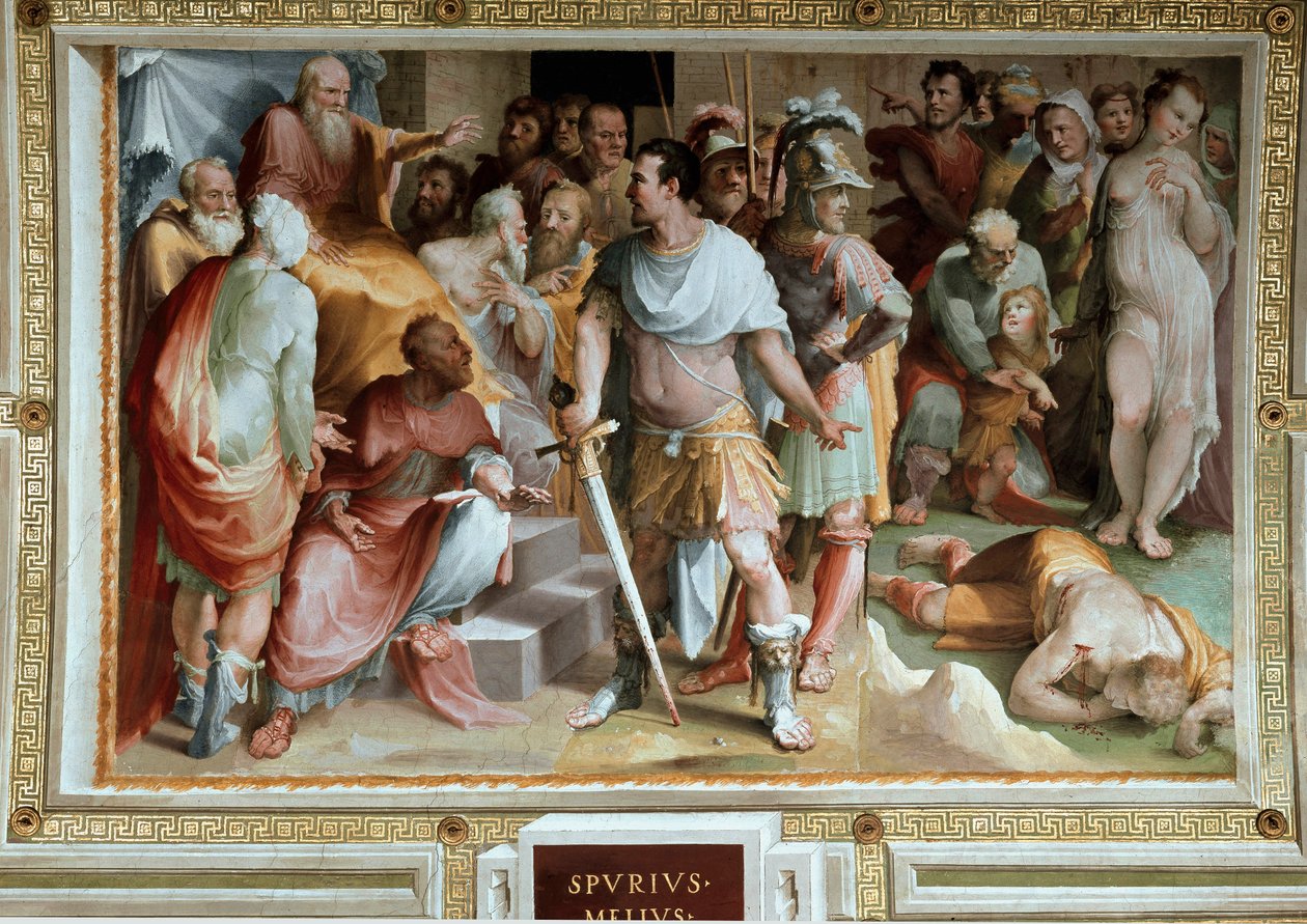 Mordet på den rike romerska plebejeren Spurius Maelius (500-talet f.Kr.) Fresk av Domenico di Giacomo di Pace dit Beccafumi (1486-1551) 1529-1535 Siena, offentligt palats av Domenico Beccafumi