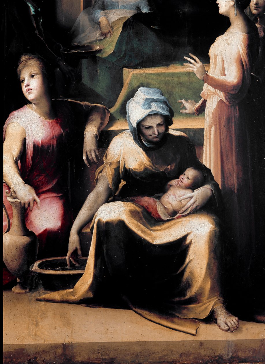 Jungfruns födelse. Detalj som visar en piga med den nya do. Målning av Domenico Beccafumi (1486-1551), cirka 1540-1543. trä. Mått: 233x145cm. Italien, Siena, National Pinacotheque (Siena, Pinacoteca Nazionale) av Domenico Beccafumi