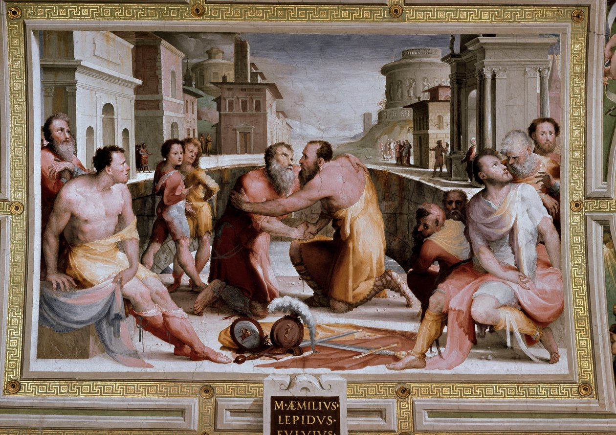 Den romerske konsuln Marcus Fulvius Flaccus och Marcus Aemilius Lepidus förlikning omkring 126 f.Kr. av Domenico Beccafumi