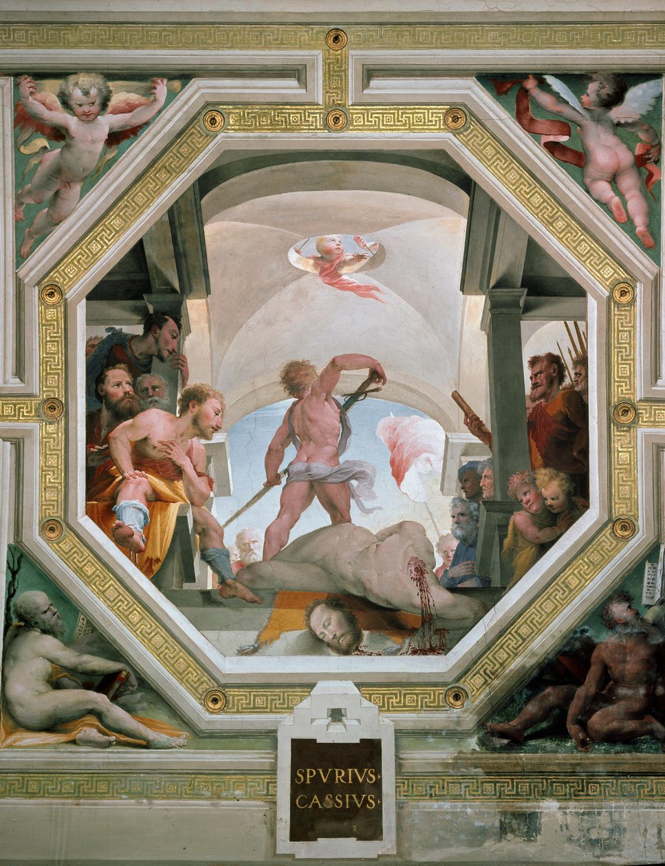 Halshuggningen av Spurius Cassius Vecellinus eller Viscellinus avrättad av sin far för att han övervägde att bli kung 485 f.Kr. Fresco av Domenico di Giacomo di Pace dit Beccafumi (1486-1551) 1529-1535 Siena (Siena), Palazzo Pubblico av Domenico Beccafumi