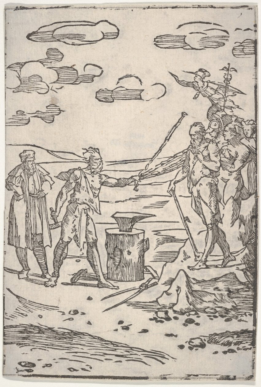 Förfalskaren som står vid ett städ och drar en man i kedjor, från serien The var..., ca. 1540-1550. av Domenico di Pace Beccafumi  