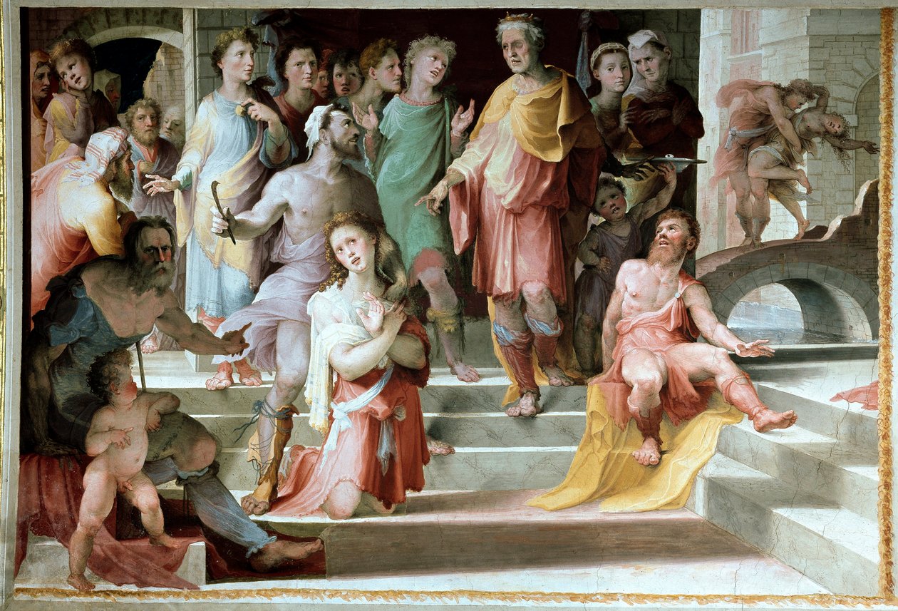 Offret av Seleucos de Locres (Seleucus de Locride) Seleucos för att förblinda sin son, för att straffa honom för en våldtäkt han hade begått, föredrar att dö ett av hans ögon. Fresk av Domenico di Giacomo di Pace dit Beccafumi (1486-1551) 1529-1535 Siena,  av Domenico Beccafumi