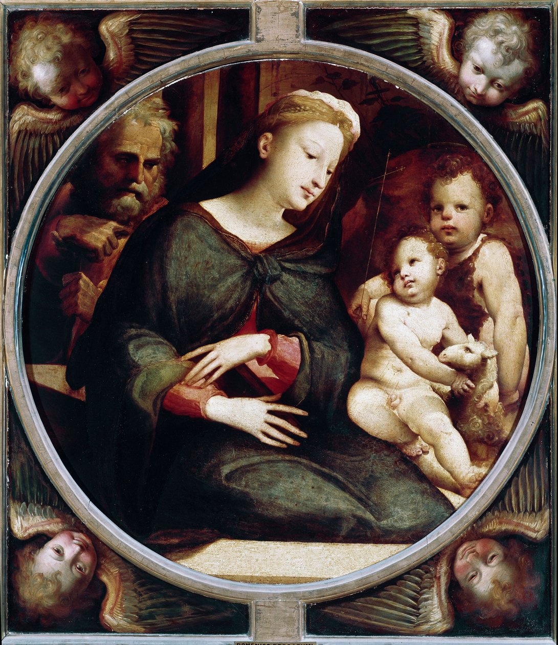 Tondo omger änglar med helig familj med Johannes döparen. Målning av Domenico Beccafumi (1486-1551), cirka 1521-1522. trä. Diameter: 88 cm. Italien, Florens, Pitti-palatset, Palatinerna. Firenze, Palazzo Pitti, Galleria Palatina av Domenico Beccafumi