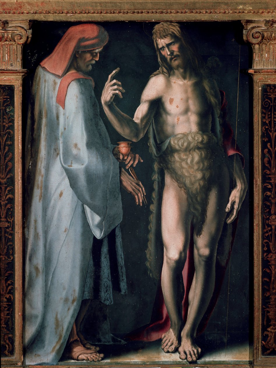 Treenighetens triptyk, Detalj vänster panel: Saint Cosimo (Kom eller Cosimo) och Saint John the Baptist. Målning av Domenico Beccafumi (1486-1551) av Domenico Beccafumi
