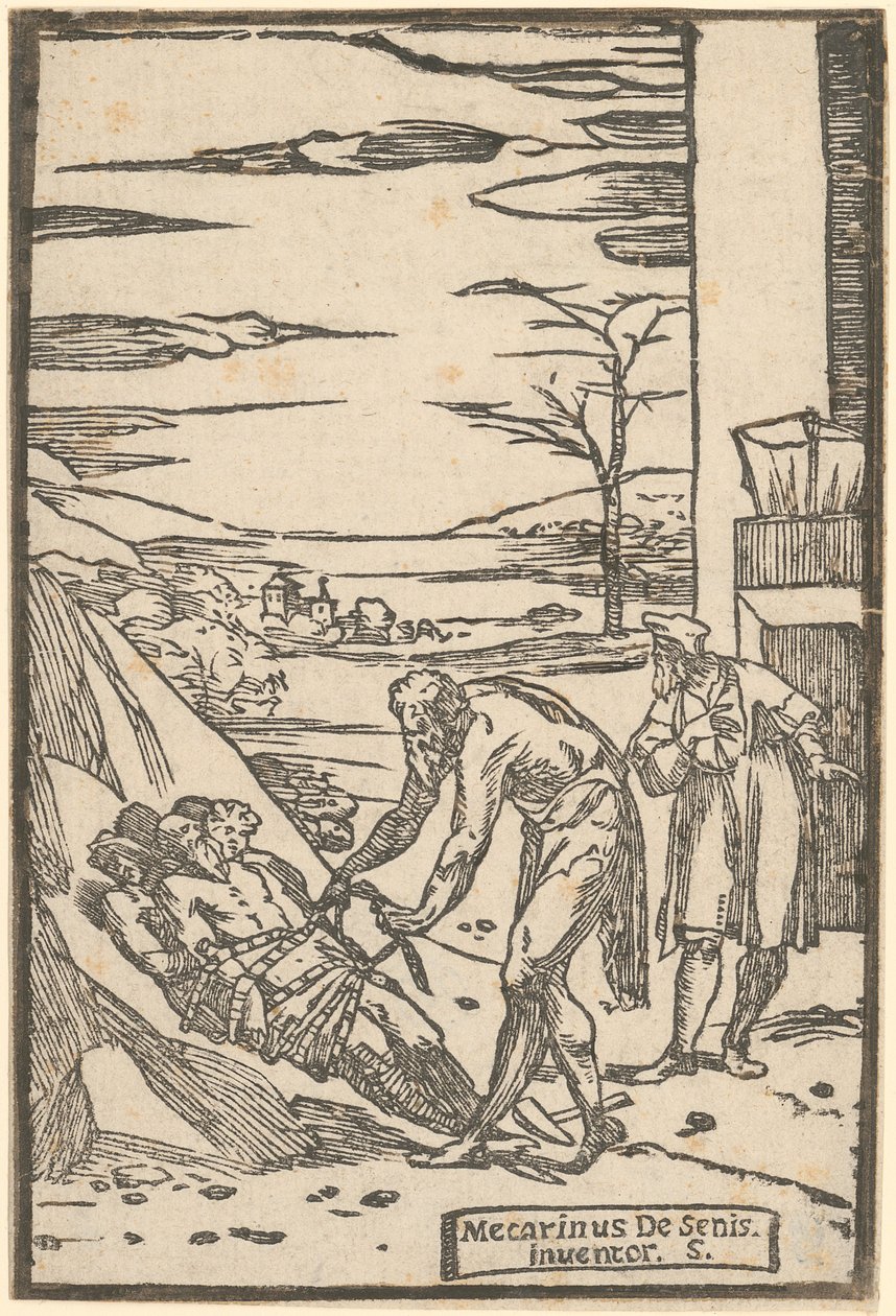 Vulkan binder de fångna metallerna med en kedja, blad 4 i serien ”De la Pirotechnia” av Domenico Beccafumi