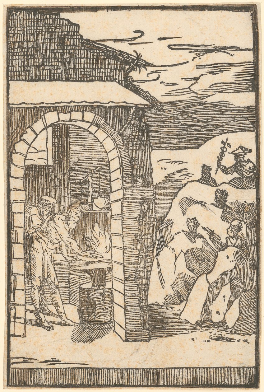 Vulkan och filosofen (Teoria) arbetar i smedjan, medan metallerna där ute gömmer sig i klipporna, blad 1 i serien ”De la Pirotechnia” av Domenico Beccafumi