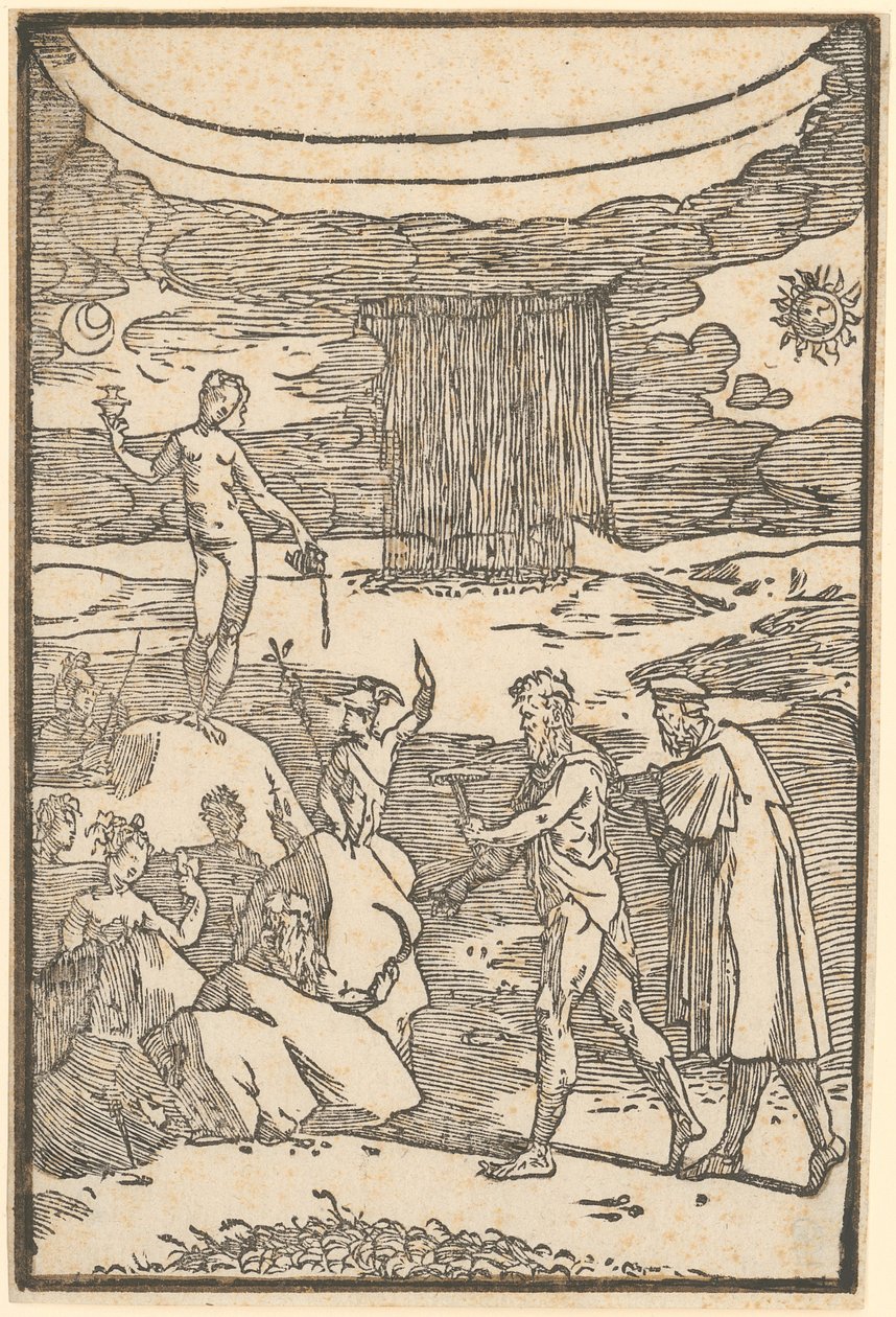 Vulkan och filosofen (Teoria) ger sig ut på jakt efter de metaller som finns inneslutna i klipporna, blad 2 i serien ”De la Pirotechnia” av Domenico Beccafumi