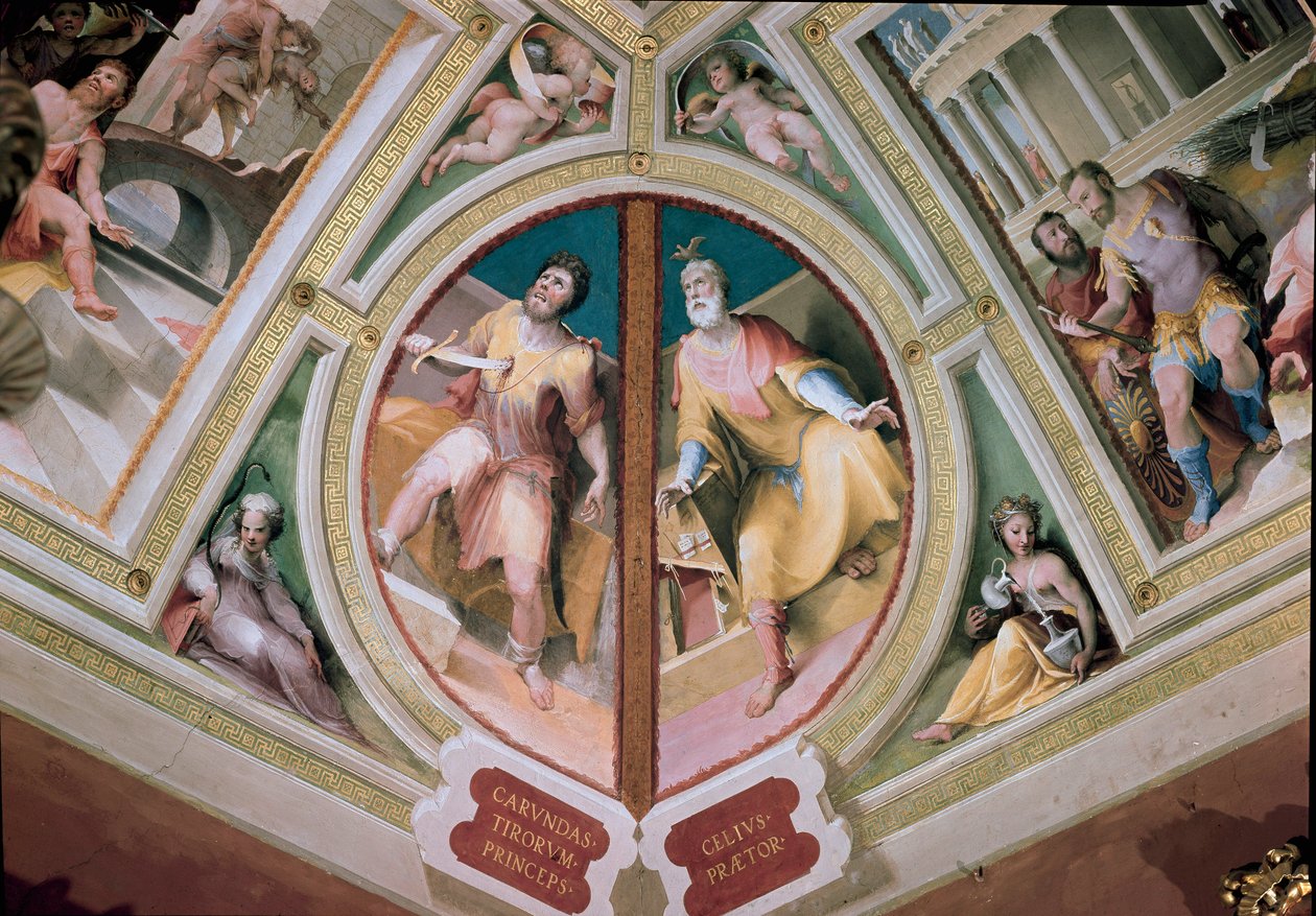den grekiska lagstiftaren Charondas (7:e århundradet f.Kr.) som sätter ett svärd i bröstet och "Den romerske pretor Celius" Fresco av Domenico Beccafumi (1486-1551) av Domenico Beccafumi