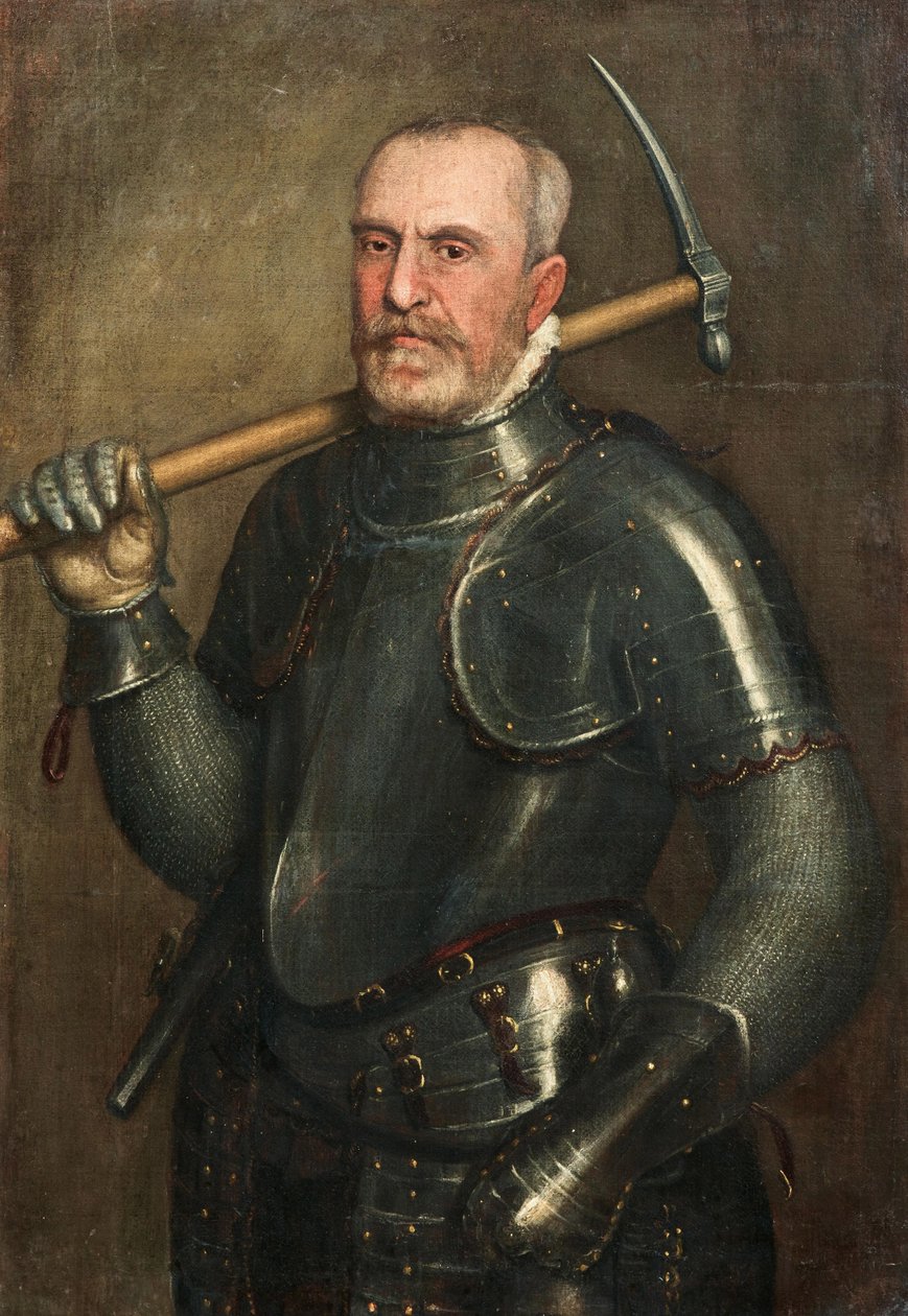 Porträtt av Giulio Savorgnan 1510-1595 med hacka, ca. 1565. av Domenico Brusasorzi
