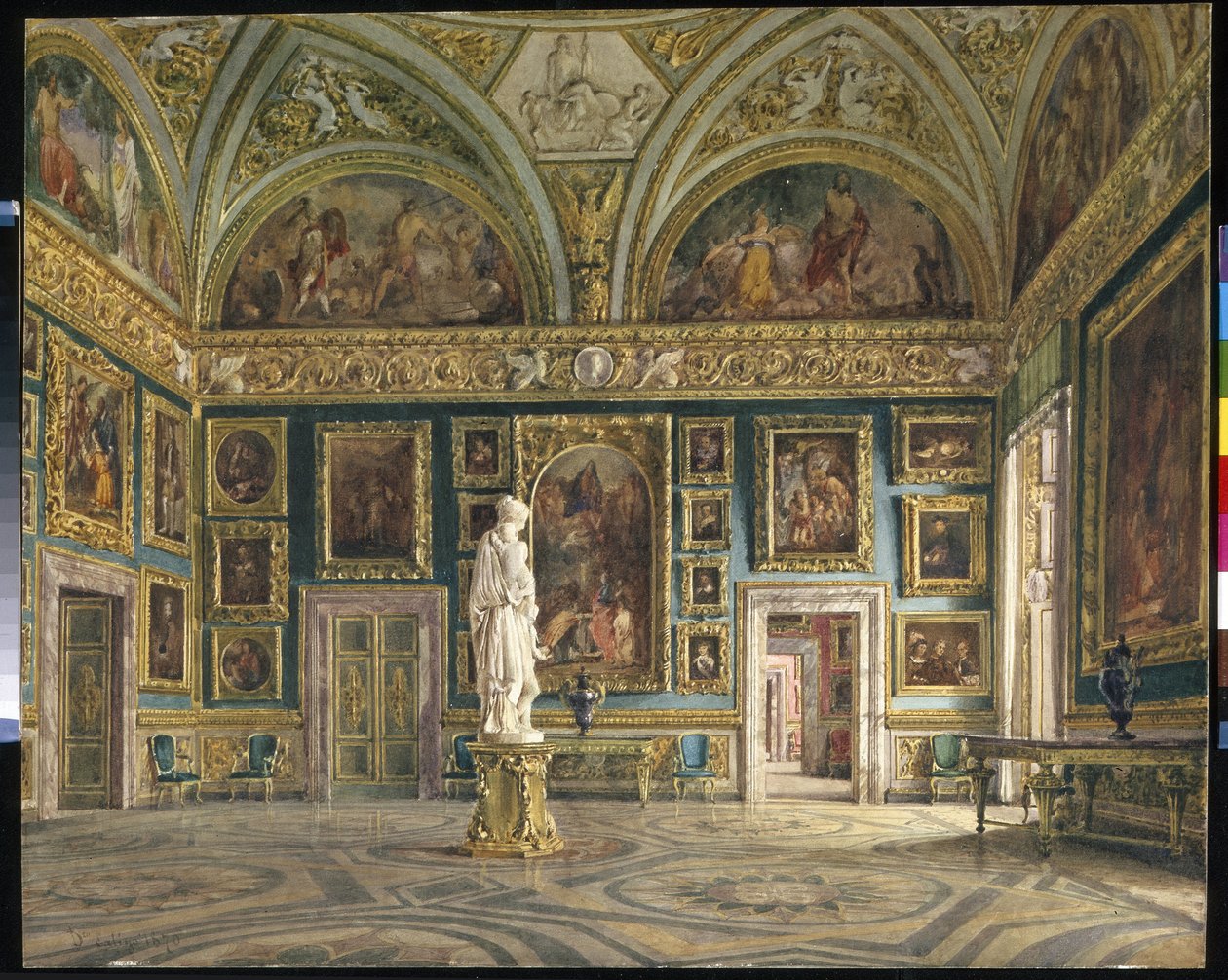 Hall of the Iliaden (Palatine Gallery) i Pitti Palace i Florens (Italien) (The Hall of the Ilia at the Pitti Palace i Florens). Målning av Domenico Caligo (?-1880), olja på duk. Italiensk konst, andra hälften av 1800-talet, nyklassicism. State He av Domenico Caligo