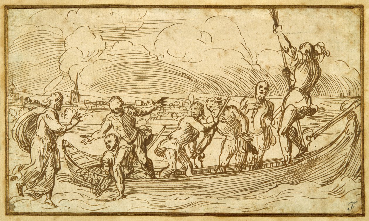Kristus och St Peter går på vattnet (penna & brunt bläck på papper) av Domenico Campagnola