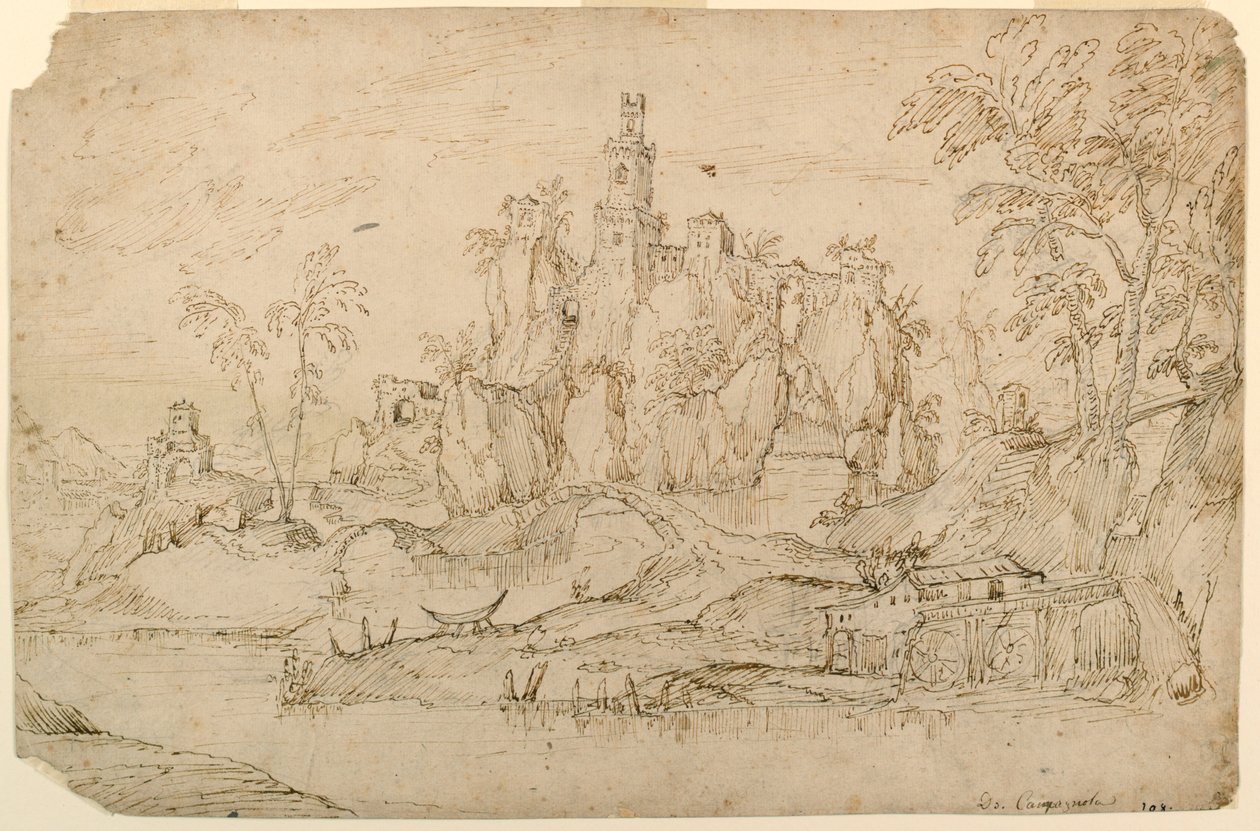 Fantasilandskap med vattenkvarn av Domenico Campagnola